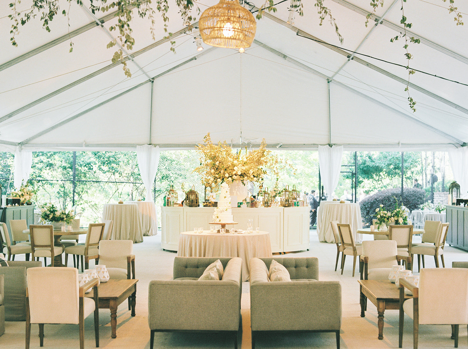 Golden hour lounge setup with Mayker Events rentals in Milton, Georgia