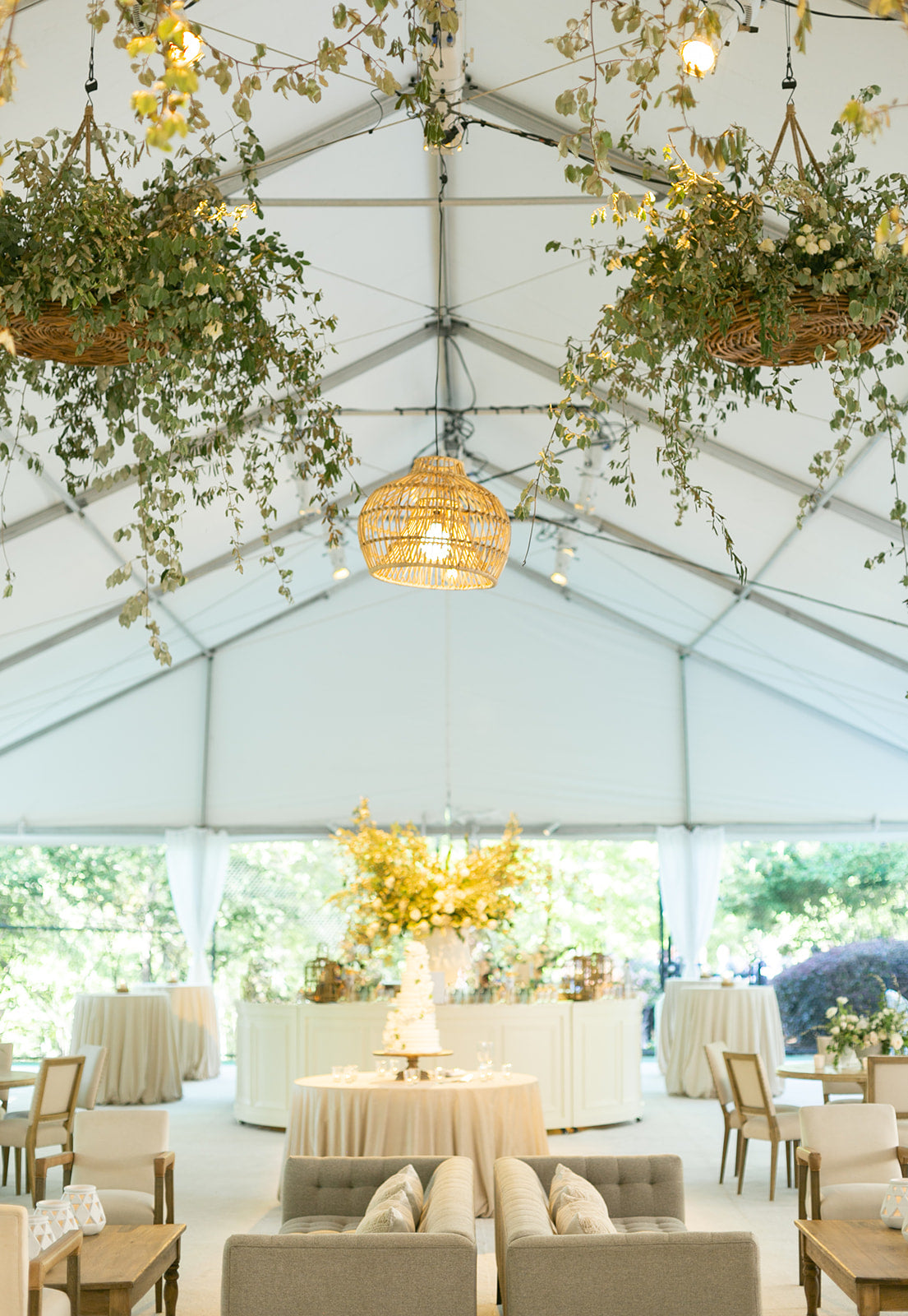 Wood and linen lounge furniture by Mayker at Atlanta-area outdoor event