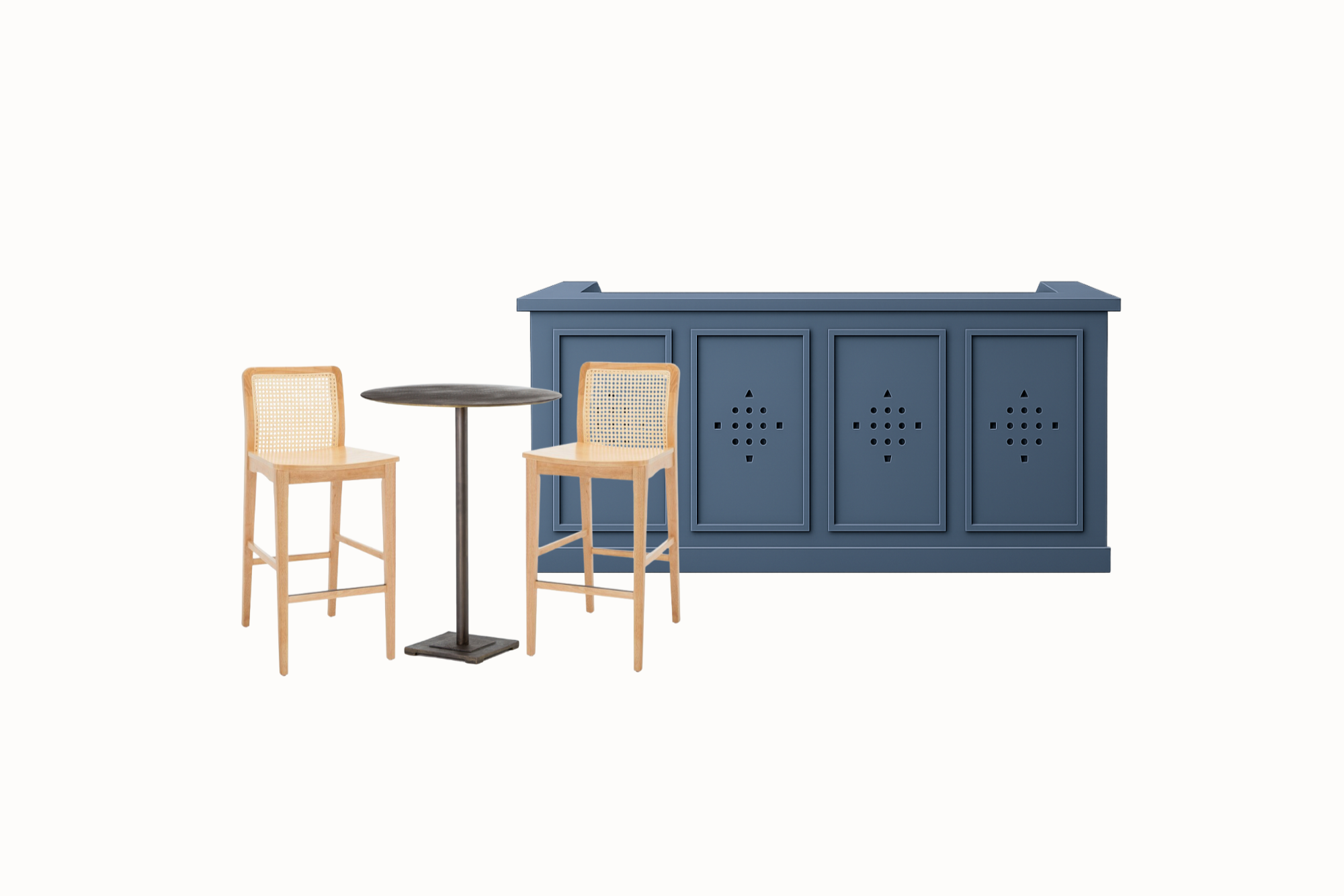 Blue bar counter with two bar stools and a small table on a white background
