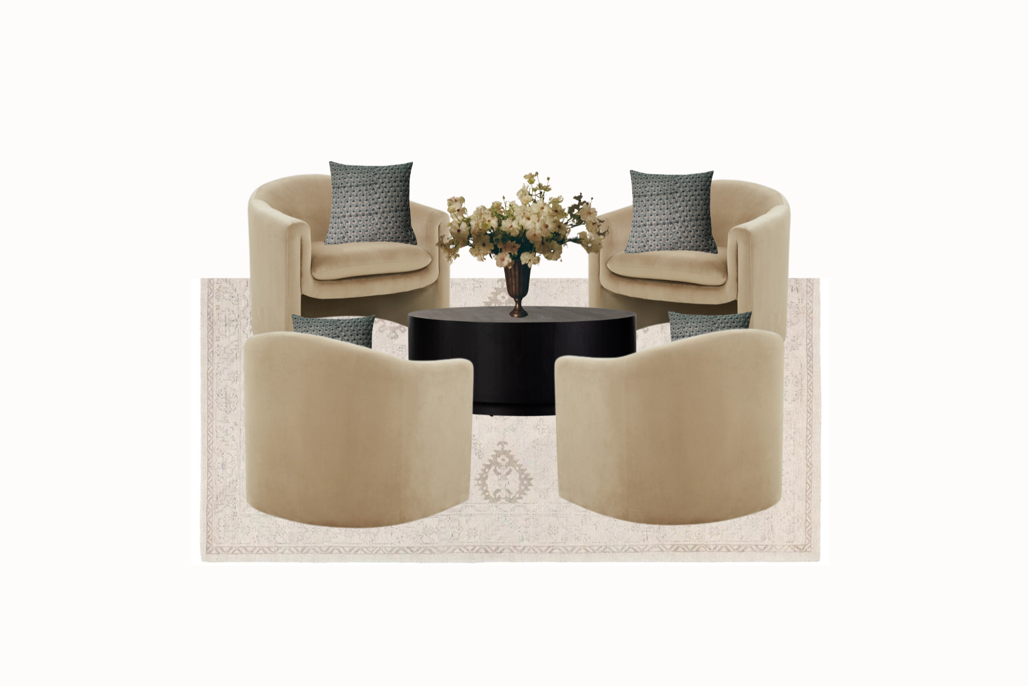 Modern beige lounge chairs with a round black table and decorative flowers on a white background