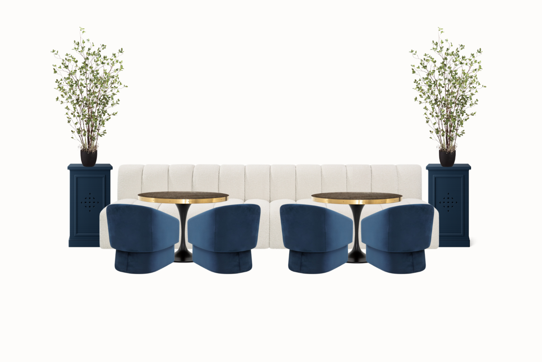 Modern indoor setting with a sofa, chairs, and potted plants on a white background